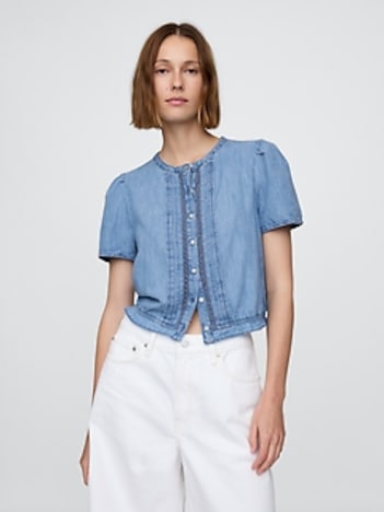 Lace-Trim Cropped Denim Top