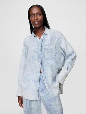Crinkle Gauze Denim Oversized Shirt