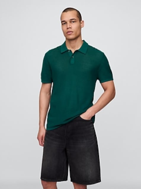 Textured Crochet Polo Sweater