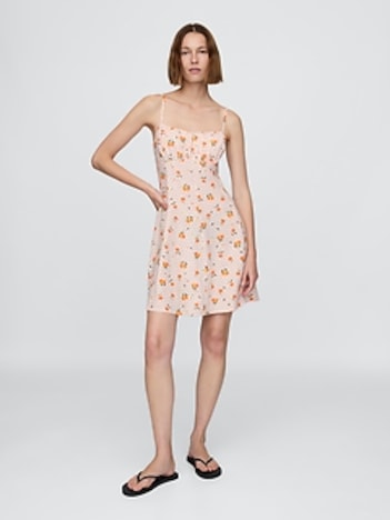 Linen-Blend Shirred Bodice Mini Dress