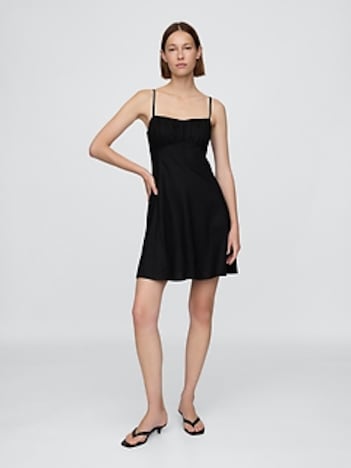 Linen-Blend Shirred Bodice Mini Dress