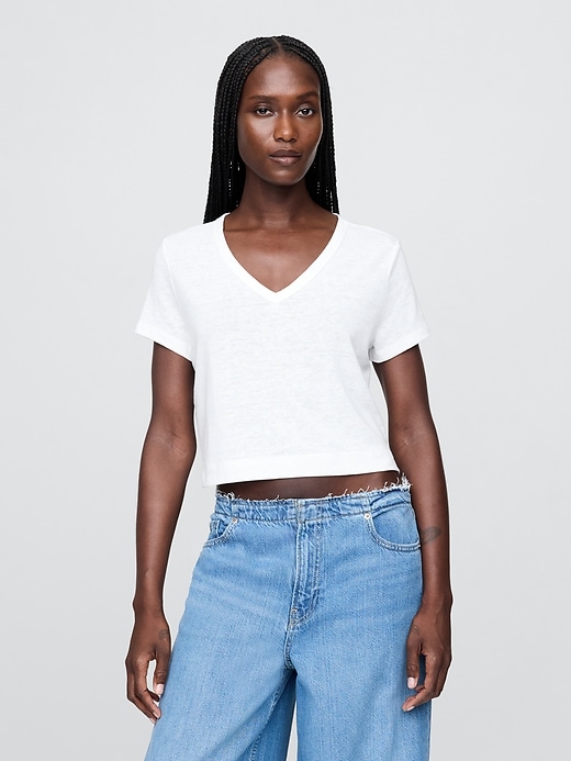 Image number 1 showing, Linen-Blend V-Neck Crop T-Shirt
