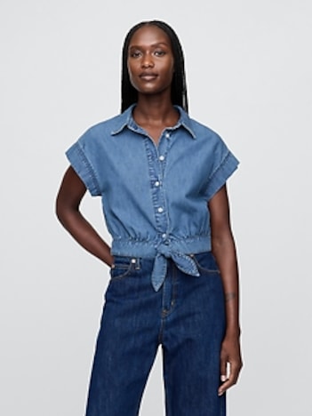 UltraSoft Denim Cropped Tie-Front Shirt