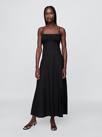 Linen-Blend Shirred Bodice Maxi Dress