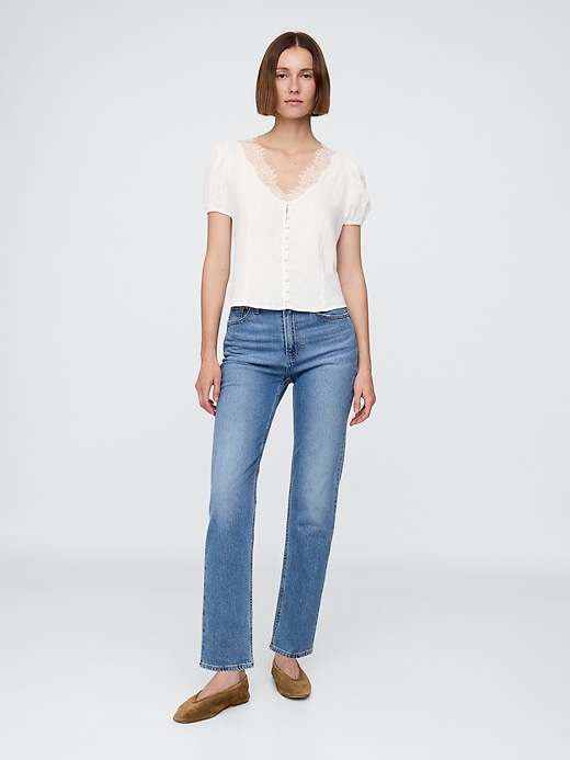 Image number 2 showing, Linen-Blend Lace V-Neck Top