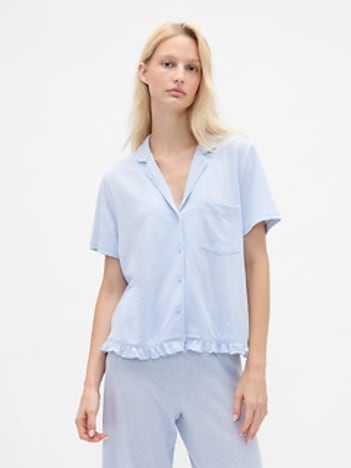 Linen-Blend Ruffle PJ Shirt