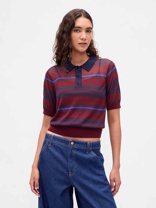 Image number 1 showing, Sheer Crop Polo Sweater