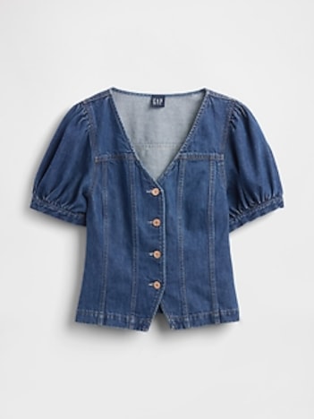 Denim Puff-Sleeve Seamed Top