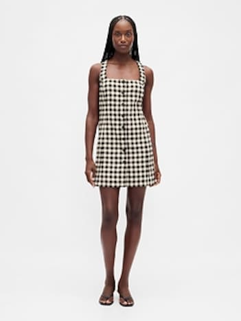 Linen-Blend Button-Front Mini Dress