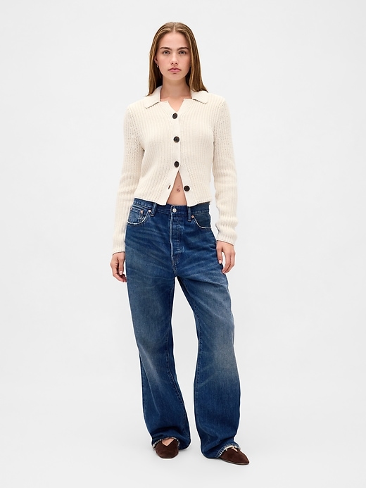 Image number 2 showing, 100% Cotton Collared Crop Cardigan Sweater