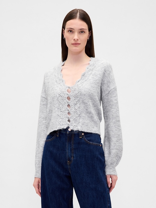 Image number 1 showing, Fuzzy Pointelle Scalloped Crop Cardigan