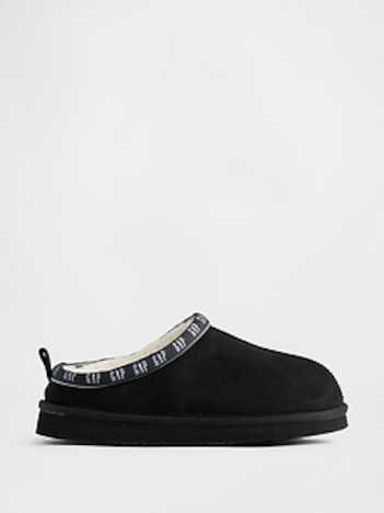 Kids Vegan Suede Sherpa-Lined Logo Slippers
