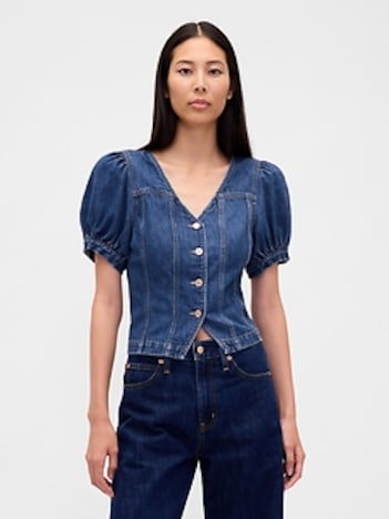 Denim Puff-Sleeve Seamed Top