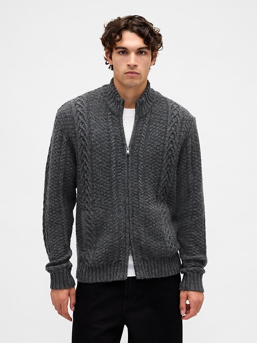 Image number 1 showing, Wool-Blend Cable-Knit Zip Cardigan Sweater