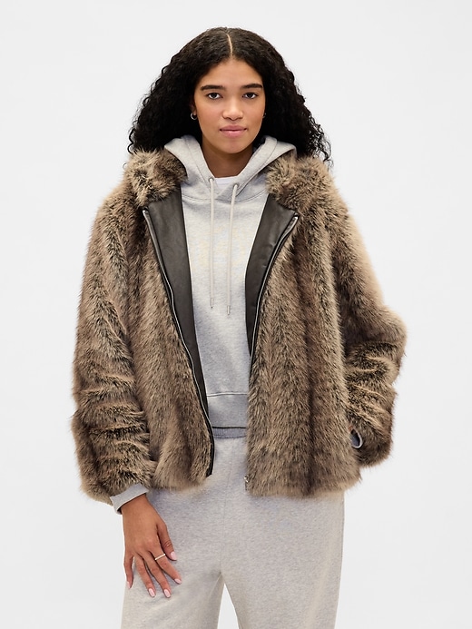 Image number 1 showing, Faux Fur Relaxed Zip Hoodie