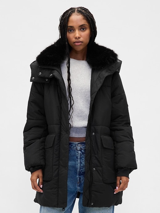 Image number 1 showing, Faux Fur-Trim Midi Puffer Jacket