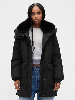 Faux Fur-Trim Midi Puffer Jacket