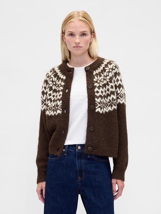 Image number 1 showing, Fuzzy Fair Isle Cardigan Sweater
