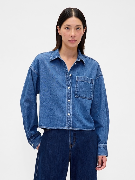 Image number 1 showing, UltraSoft Denim Oversized Straight-Hem Crop Shirt