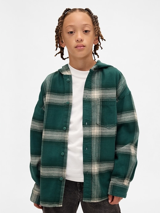 Image number 1 showing, Kids Organic Cotton Hooded Flannel Shirt