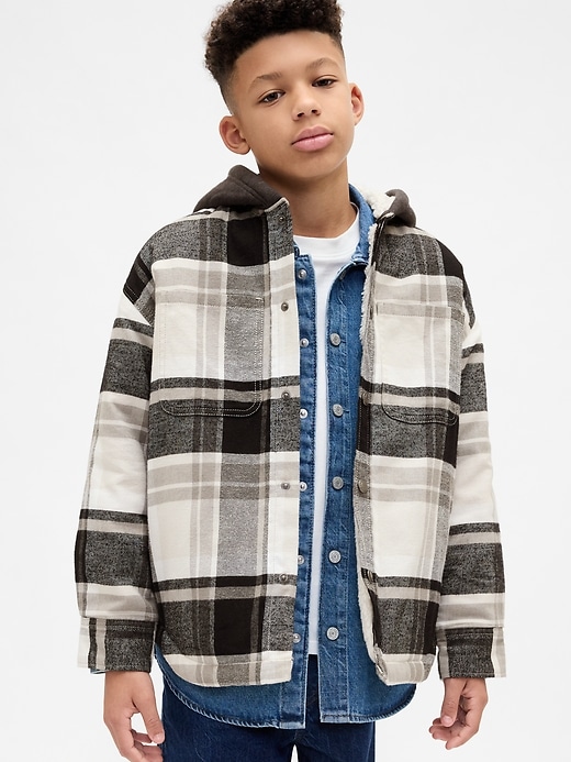 Image number 1 showing, Kids Sherpa-Lined Hooded Flannel Shirt Jacket