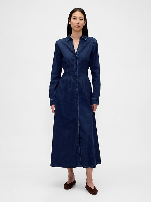 Image number 1 showing, Denim Pintuck Button-Front Maxi Dress