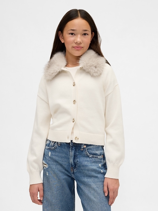 Image number 1 showing, Kids Faux Fur-Collar Cardigan Sweater