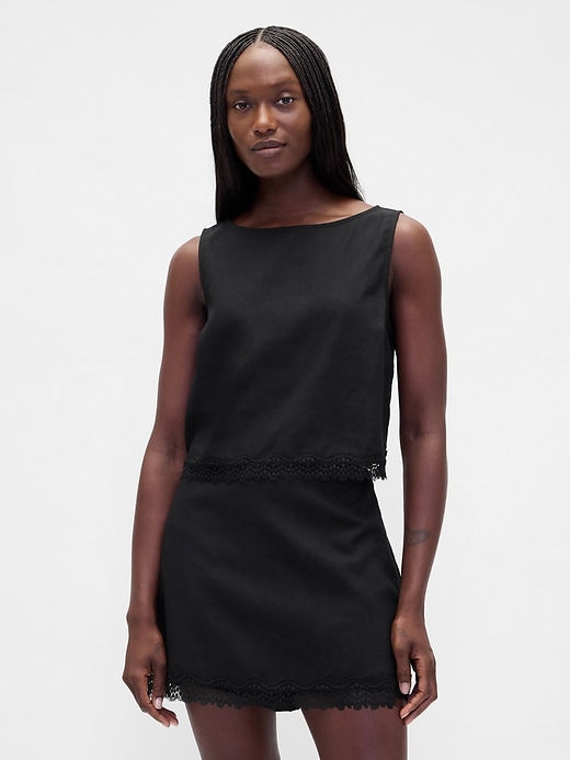 Image number 1 showing, Linen-Blend Lace-Hem Crop Shell Top