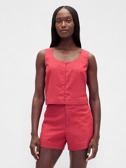 Image number 1 showing, Linen-Blend Hook-Front Crop Shell Top