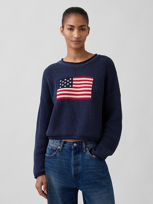 Image number 1 showing, 100% Cotton Oversized Crop Americana Sweater