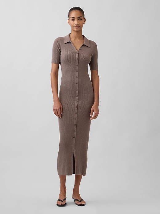 Image number 1 showing, CashSoft Rib Collared Midi Cardigan Dress